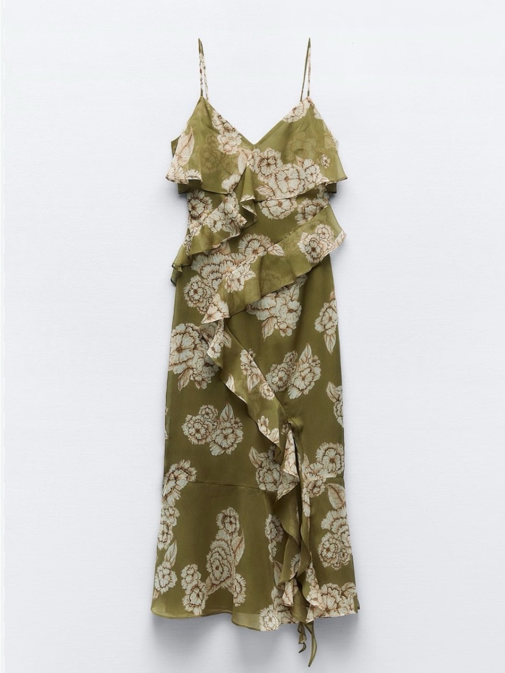Zara Olive Green Floral Ruffle Midi Dress